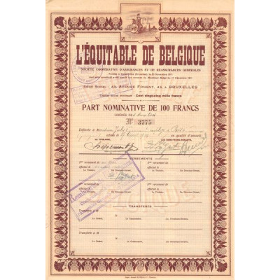 L'Equitable de Belgique Sté Coopérative d'Assurances et de Réssurances Générales (Part Nomin 100 F)