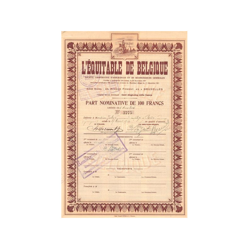 L'Equitable de Belgique Sté Coopérative d'Assurances et de Réssurances Générales (Part Nomin 100 F)