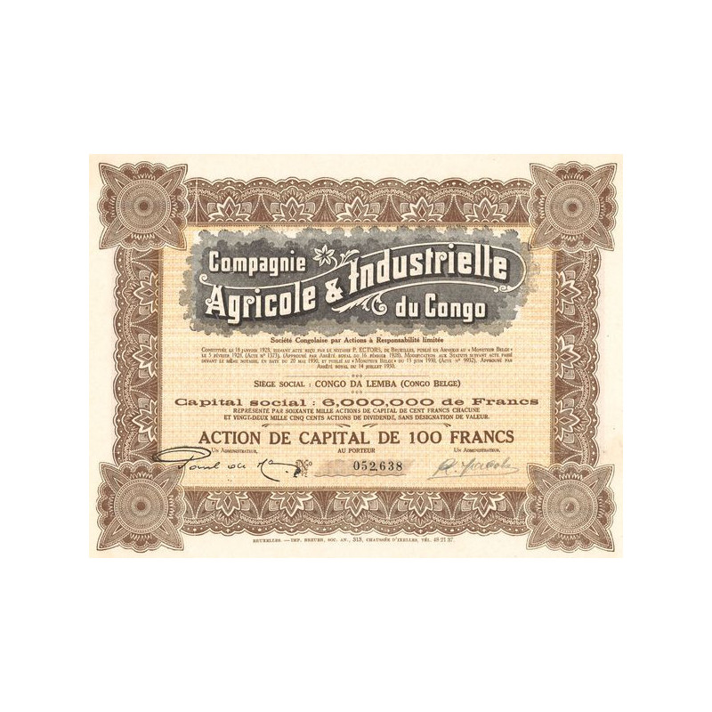 Cie Agricole & Industrielle du Congo (Act 100 F)