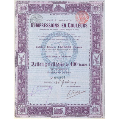 Sté Nouvelle d'Impressions en Couleurs (Exploitation des Brevets LESAGE. Français et Belge) (Act 100 F)
