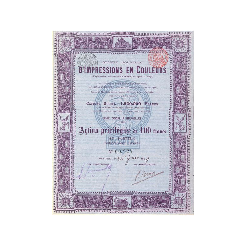 Sté Nouvelle d'Impressions en Couleurs (Exploitation des Brevets LESAGE. Français et Belge) (Act 100 F)