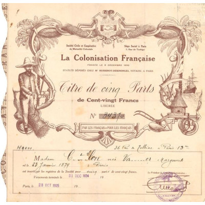 La Colonisation Française (Titre 5 Parts 120 F)