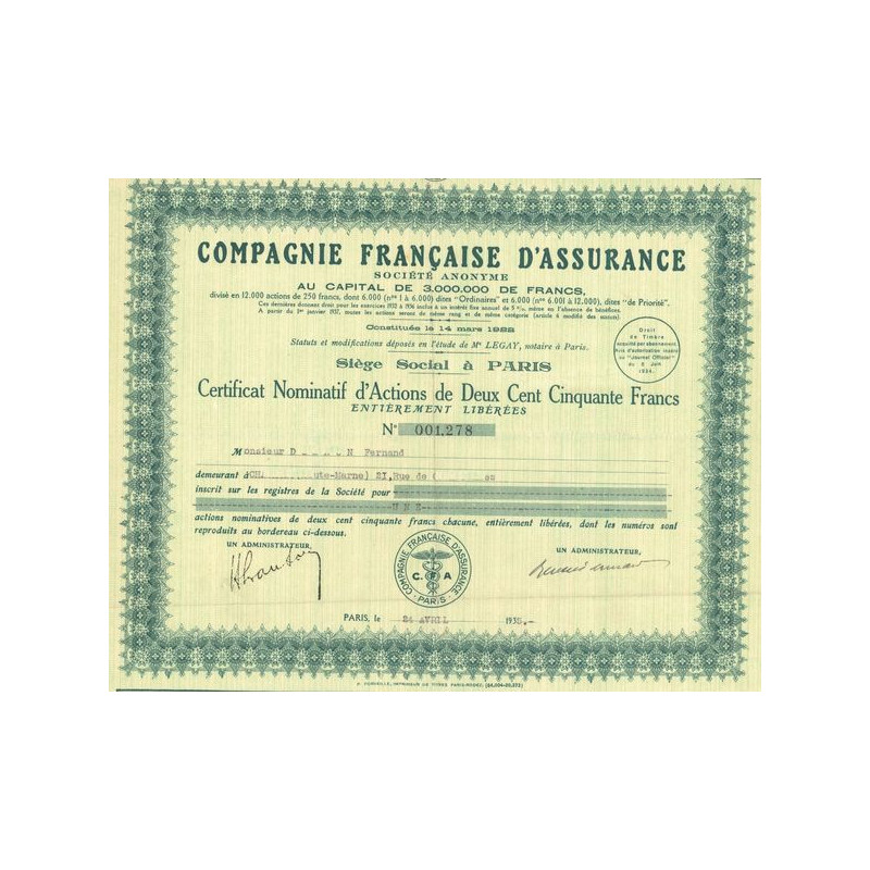 Cie Française d'Assurance S.A. (CN 250 F)