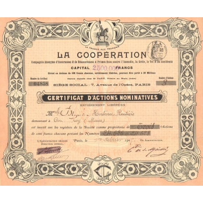 La Coopération Cie Anonyme d'Assurances & de Réassurances à Primes Fixes contre l'Incendie. La Grêle. Le Vol et les Accidents (C