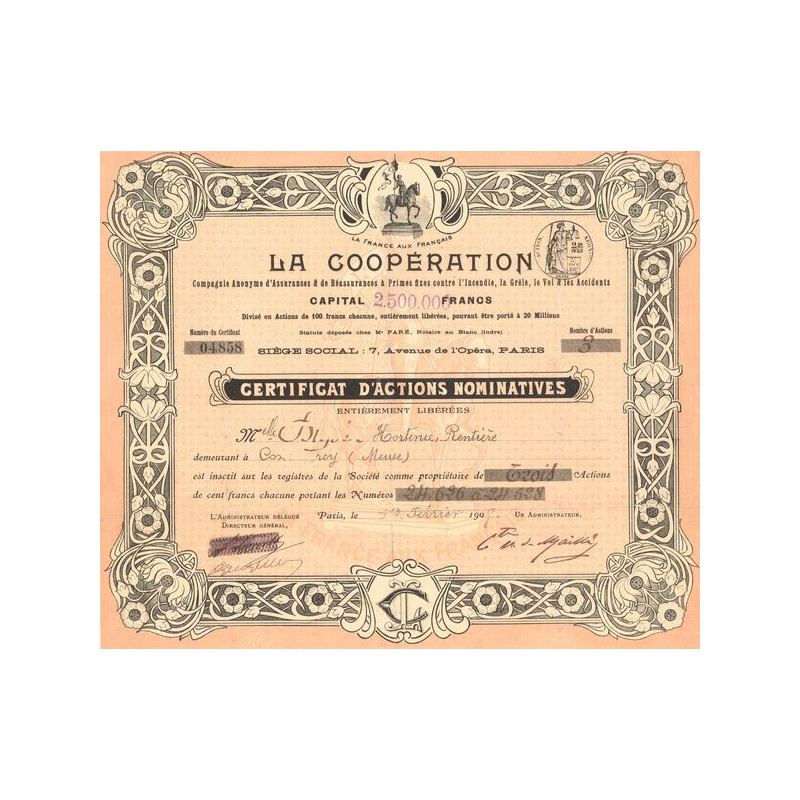 La Coopération Cie Anonyme d'Assurances & de Réassurances à Primes Fixes contre l'Incendie. La Grêle. Le Vol et les Accidents (C