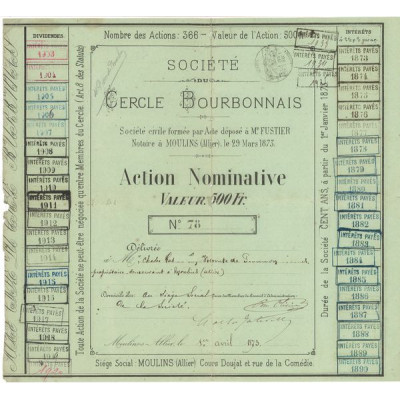 Sté du Cercle Bourbonnais (Act Nominative 500 F)