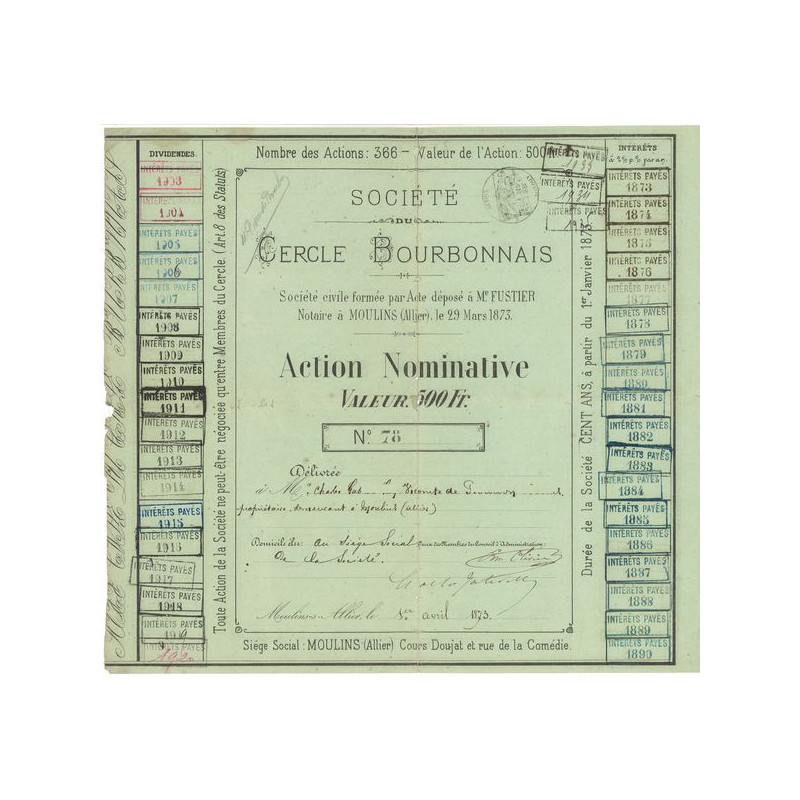 Sté du Cercle Bourbonnais (Act Nominative 500 F)