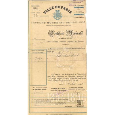 Ville de Paris Emprunt Municipal de 1894-1896 (Certif Nomin)