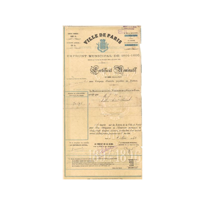 Ville de Paris Emprunt Municipal de 1894-1896 (Certif Nomin)