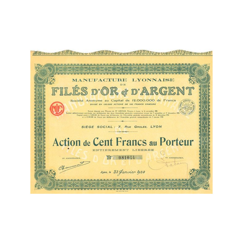 Manufacture Lyonnaise de Filés d'Or et d'Argent (Act 100 F)