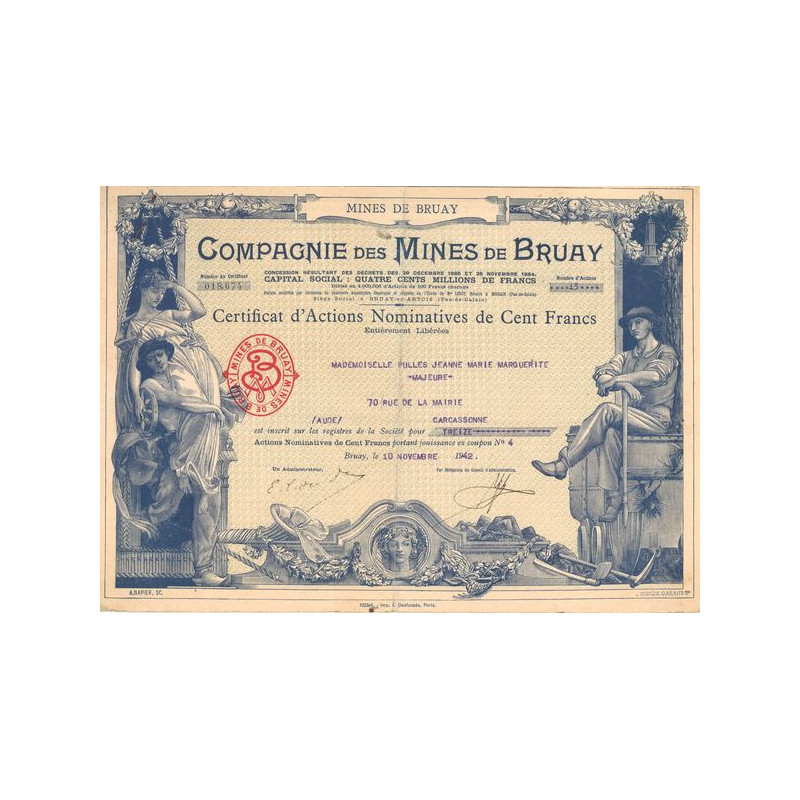 Compagnie des Mines de Bruay (Certif Nomin 100 F)