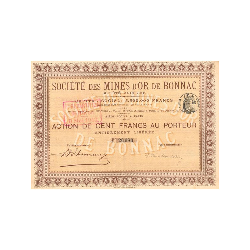 Sté des mines d'Or de Bonnac ( Act 100 F )