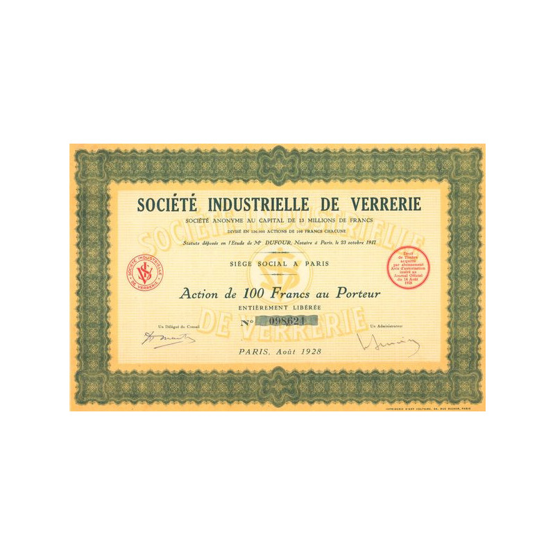 Sté Industrielle de Verrerie (Act 100 F)