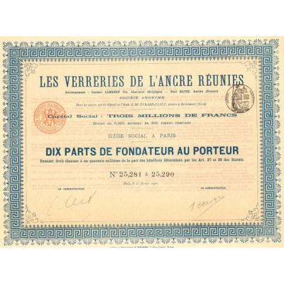 Les Verreries de l'Ancre Réunies (Titre 10 PF)