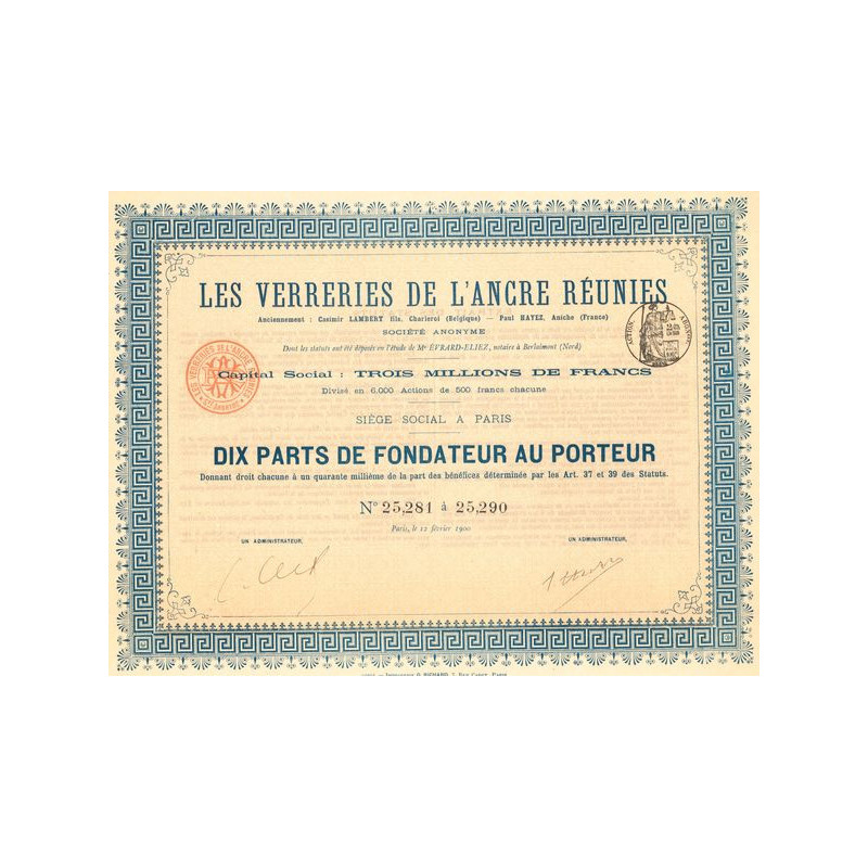 Les Verreries de l'Ancre Réunies (Titre 10 PF)