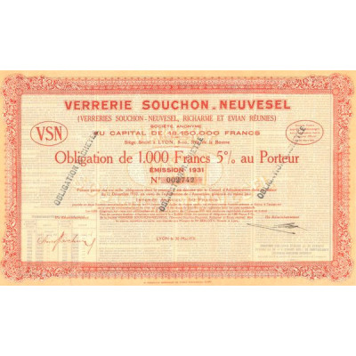 Verrerie Souchon-Neuvesel (Verreries Souchon-Neuvesel. Richarme et Evian Réunies) (Obl 1000 F 5%)