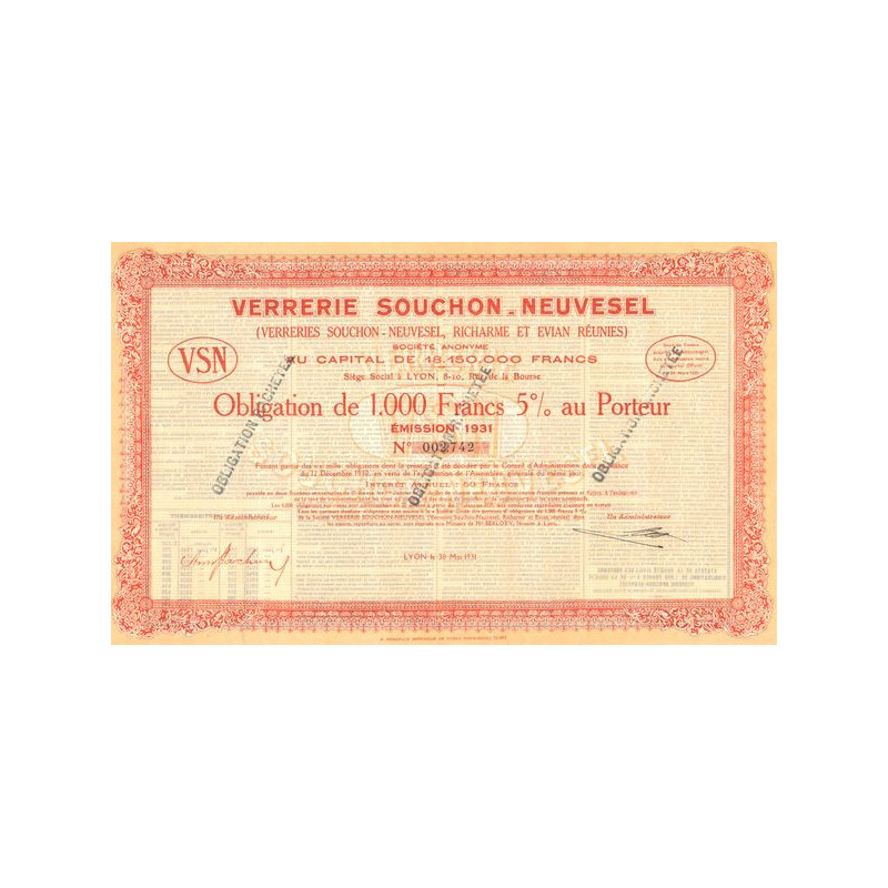 Verrerie Souchon-Neuvesel (Verreries Souchon-Neuvesel. Richarme et Evian Réunies) (Obl 1000 F 5%)