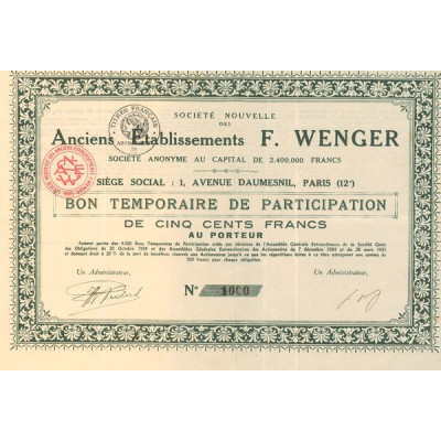 Sté Nlle des Anciens Etablissements F. Wenger (Bon Temporaire 500 F)