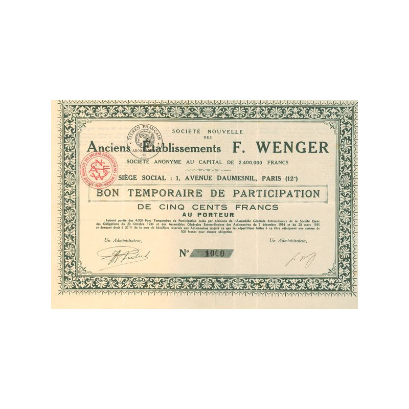 Sté Nlle des Anciens Etablissements F. Wenger (Bon Temporaire 500 F)