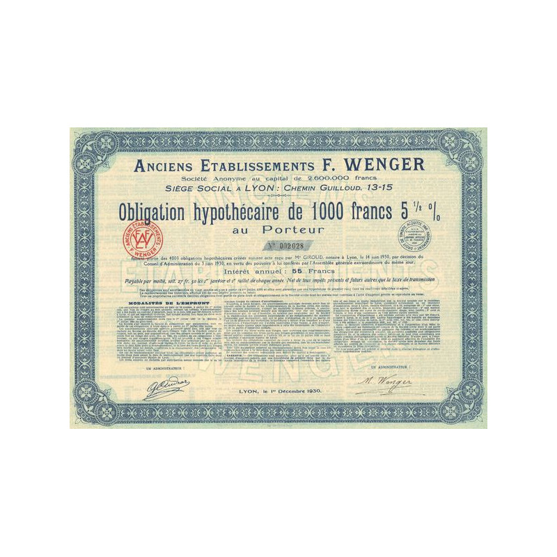 Anciens Etablissements F. Wenger (Obl Hypot 1000 F 5 1/2%)
