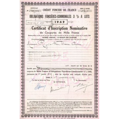 Crédit Foncier de France Obligations Foncières Communales 3% à lots 1949 (Certif Coupures 1000 F)