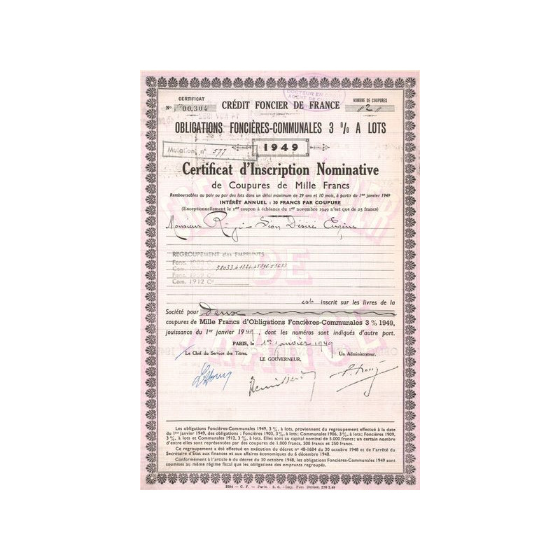 Crédit Foncier de France Obligations Foncières Communales 3% à lots 1949 (Certif Coupures 1000 F)