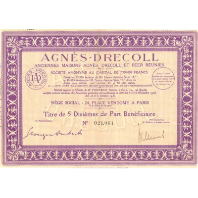 Agnès-Drecoll Anciennes Maisons Agnès Drecoll et Beer Réunies (5 Dixièmes PB)