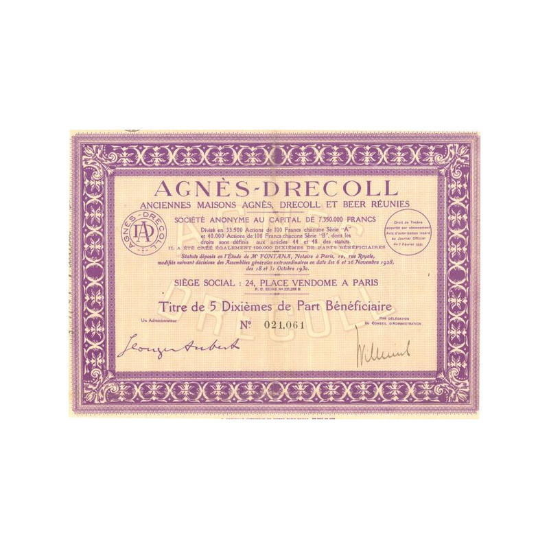 Agnès-Drecoll Anciennes Maisons Agnès Drecoll et Beer Réunies (5 Dixièmes PB)