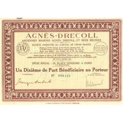 Agnès-Drecoll Anciennes Maisons Agnès Drecoll et Beer Réunies (1 Dixièmes PB)