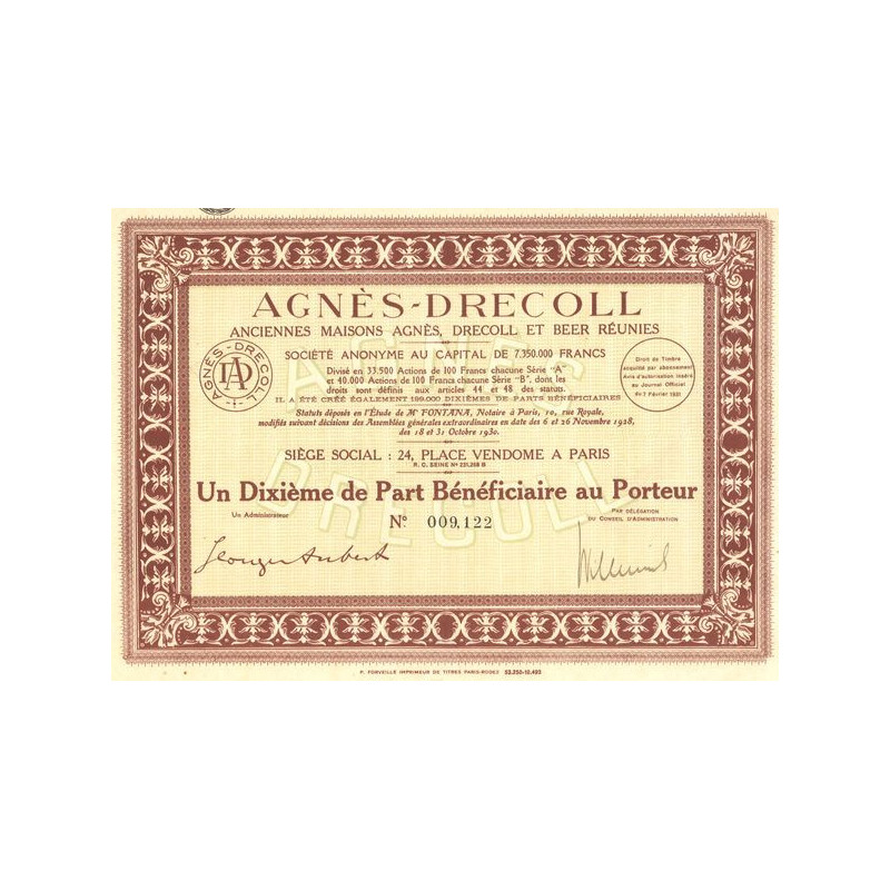 Agnès-Drecoll Anciennes Maisons Agnès Drecoll et Beer Réunies (1 Dixièmes PB)