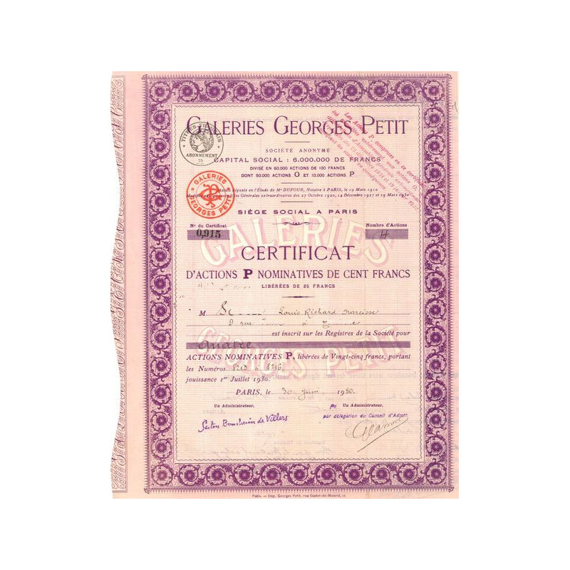 Galeries Georges Petit (Certificat Act P 100 F)