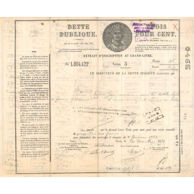 Dette Publique 3% Extrait d'Inscription au Grand-Livre - Section 5
