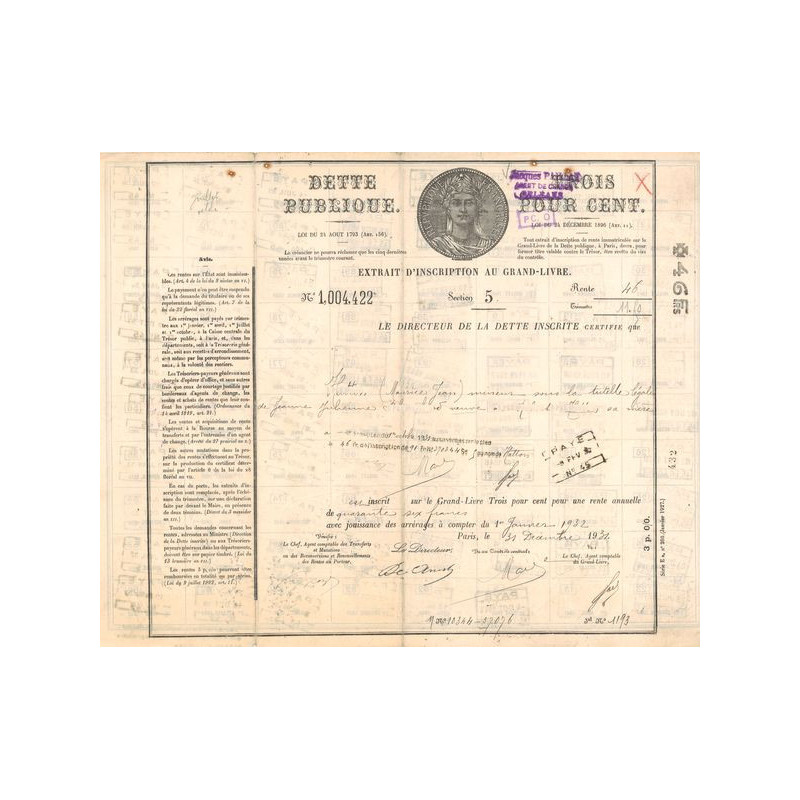 Dette Publique 3% Extrait d'Inscription au Grand-Livre - Section 5