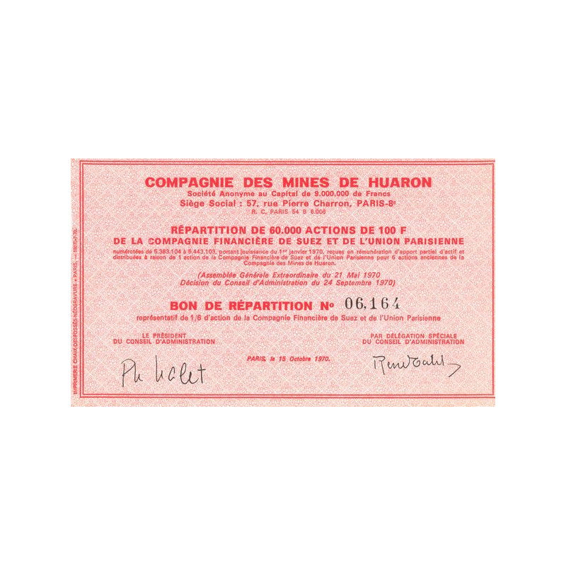 Cie des Mines de Huaron (Bon de Répartition 100 F)