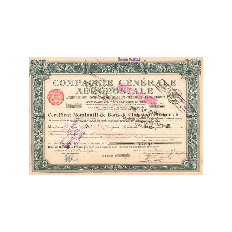 Cie Gale Aéropostale (Certif Nomin 500 F 6%)