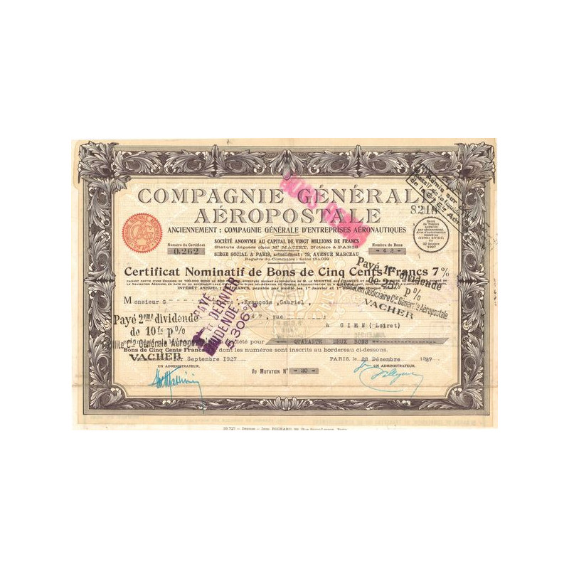 Cie Gale Aéropostale (Certif Nomin 500 F 7%)