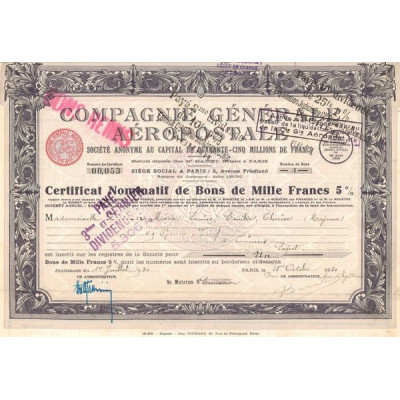 Cie Gale Aéropostale (Certif Nomin 1000 F 5%)