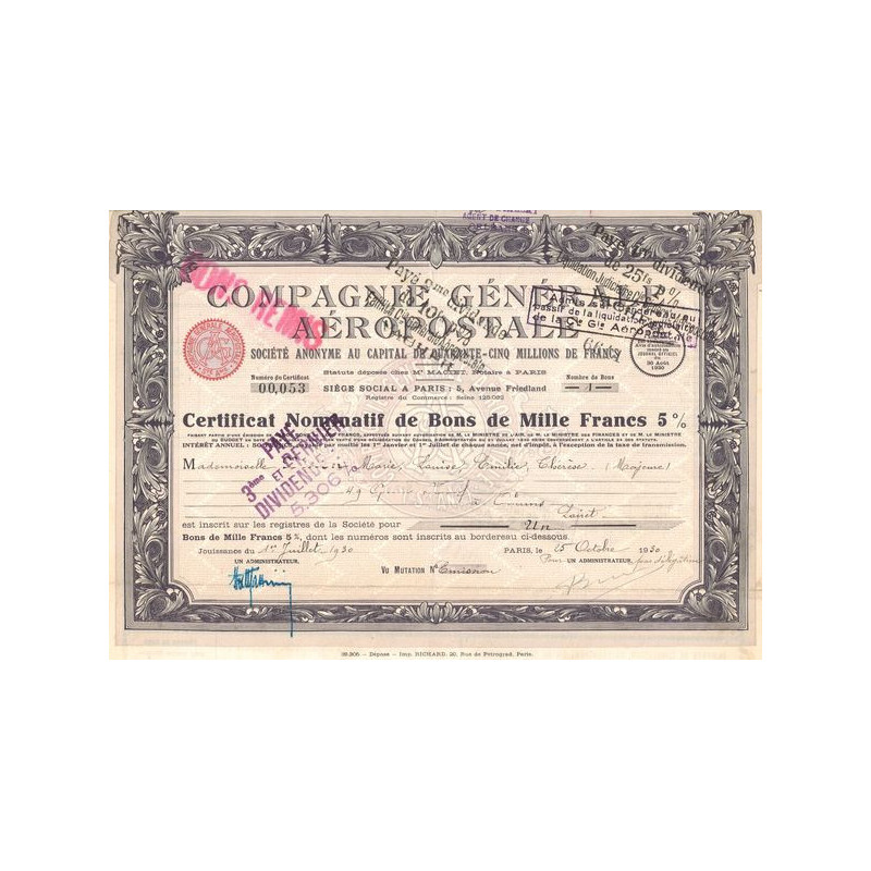 Cie Gale Aéropostale (Certif Nomin 1000 F 5%)