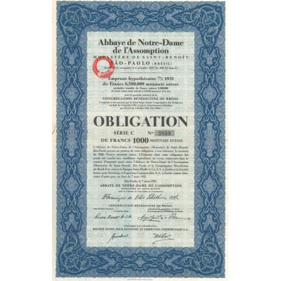 Abbaye de Notre-Dame de l'Assomption Monastère de Saint-Benoît Sao-Paolo (Brésil) (Serie C) (Obl 1000 F Suisse)