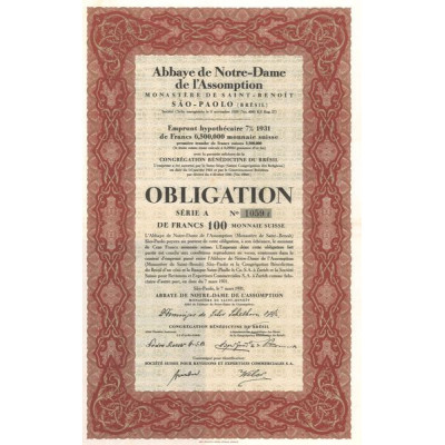 Abbaye de Notre-Dame de l'Assomption Monastère de Saint-Benoît Sao-Paolo (Brésil) (Serie A) (Obl 0100 F Suisse)