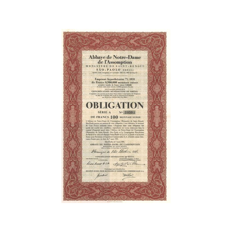 Abbaye de Notre-Dame de l'Assomption Monastère de Saint-Benoît Sao-Paolo (Brésil) (Serie A) (Obl 0100 F Suisse)