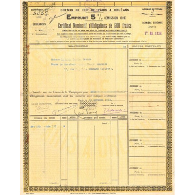 Chemin der Fer de Paris à Orléans (Certif Nomin Obl 500 F)