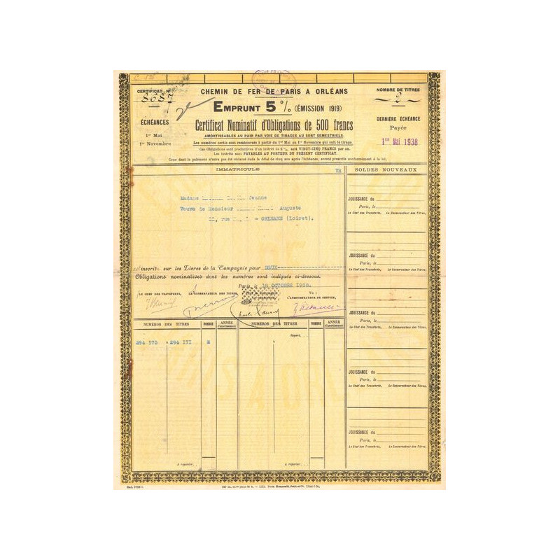 Chemin der Fer de Paris à Orléans (Certif Nomin Obl 500 F)