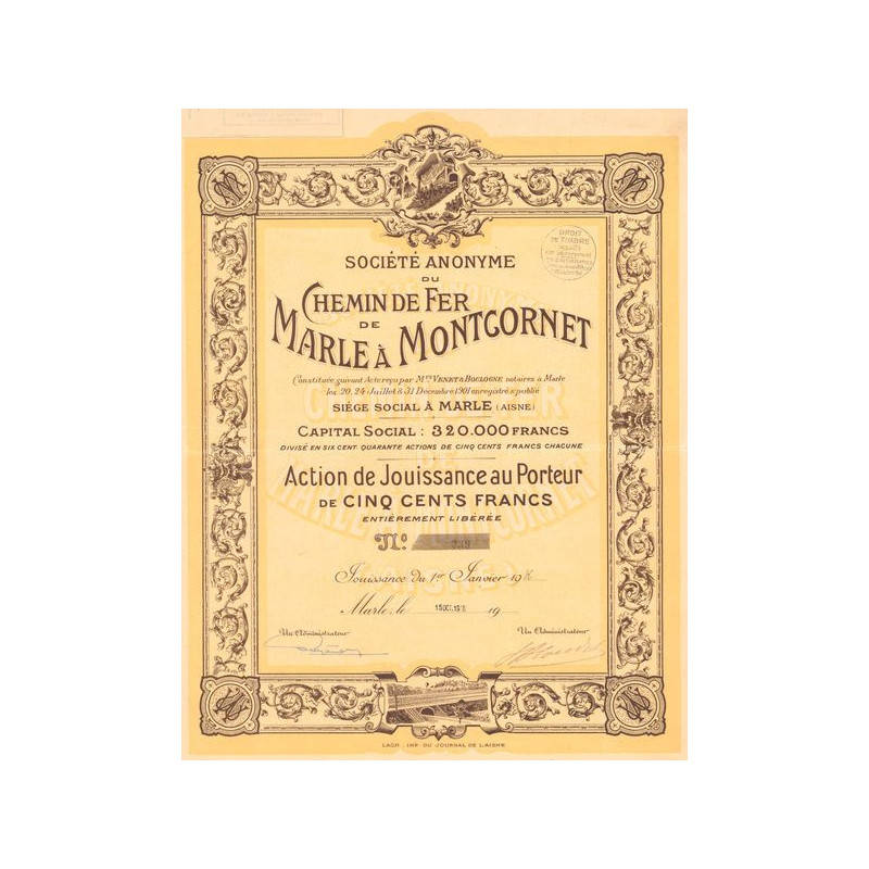 S.A. du Chemin de Fer de Marle à Montcornet (Act Jouissance 500 F)