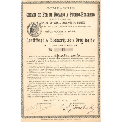 Cie du Chemin de Fer de Rosario à Puerto-Belgrano (Certif)