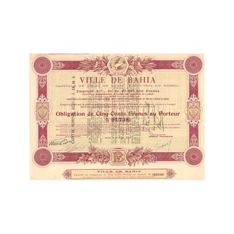 Ville de Bahia -Emprunt 5 % Or 1912 (Obl 500 F)