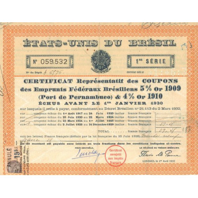 Etats-Unis du Brésil - Certif Représentatif des Coupons des Emprunt Fédéraux Brésiliens 5 % Or 1909 (Port de Pernambuco) & 4 % d