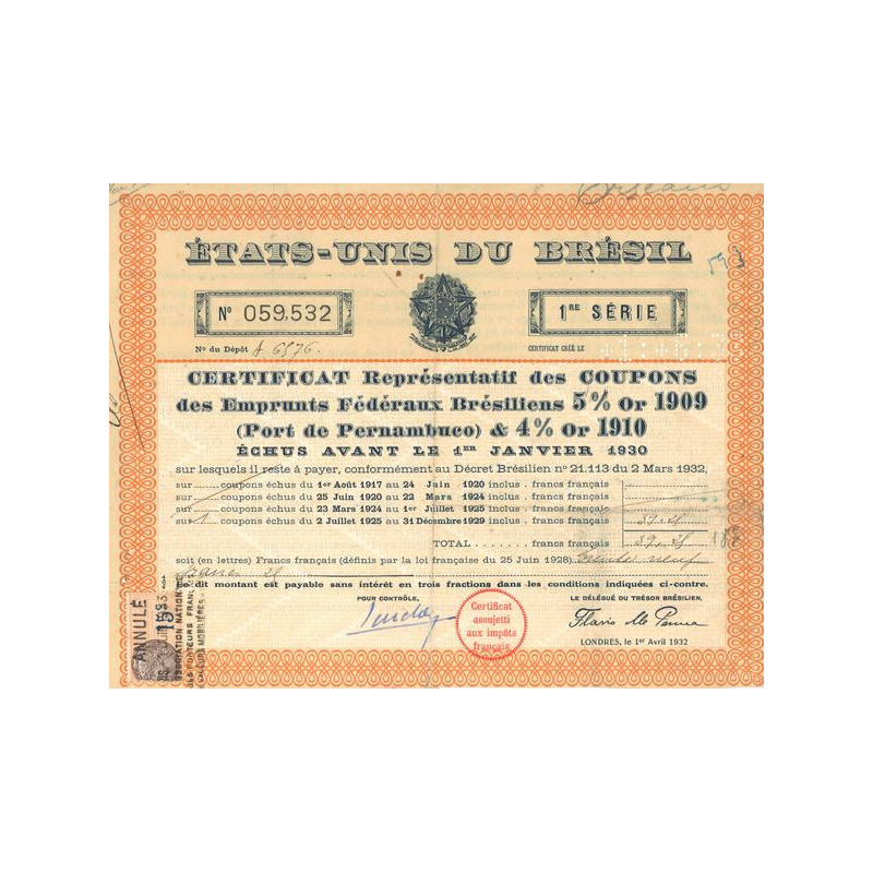 Etats-Unis du Brésil - Certif Représentatif des Coupons des Emprunt Fédéraux Brésiliens 5 % Or 1909 (Port de Pernambuco) & 4 % d