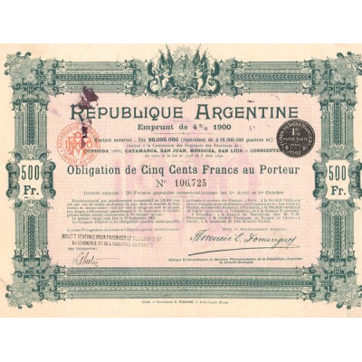 République Argentine Emprunt de 4% 1900 (Obl 500 F)