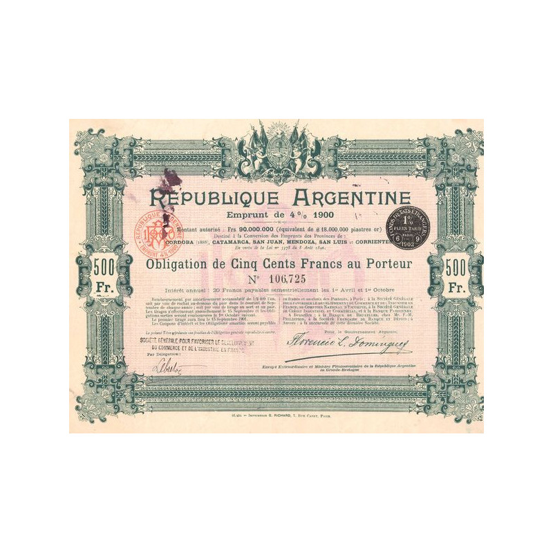 République Argentine Emprunt de 4% 1900 (Obl 500 F)